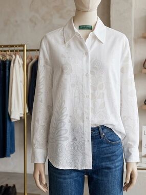 Lemon Grass White Button-Down Floral Jacquard Shirt